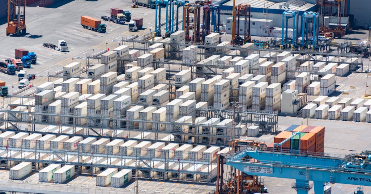 Aerial view of a shipping yard with rows of stacked white cargo containers and blue gantry cranes in the background.