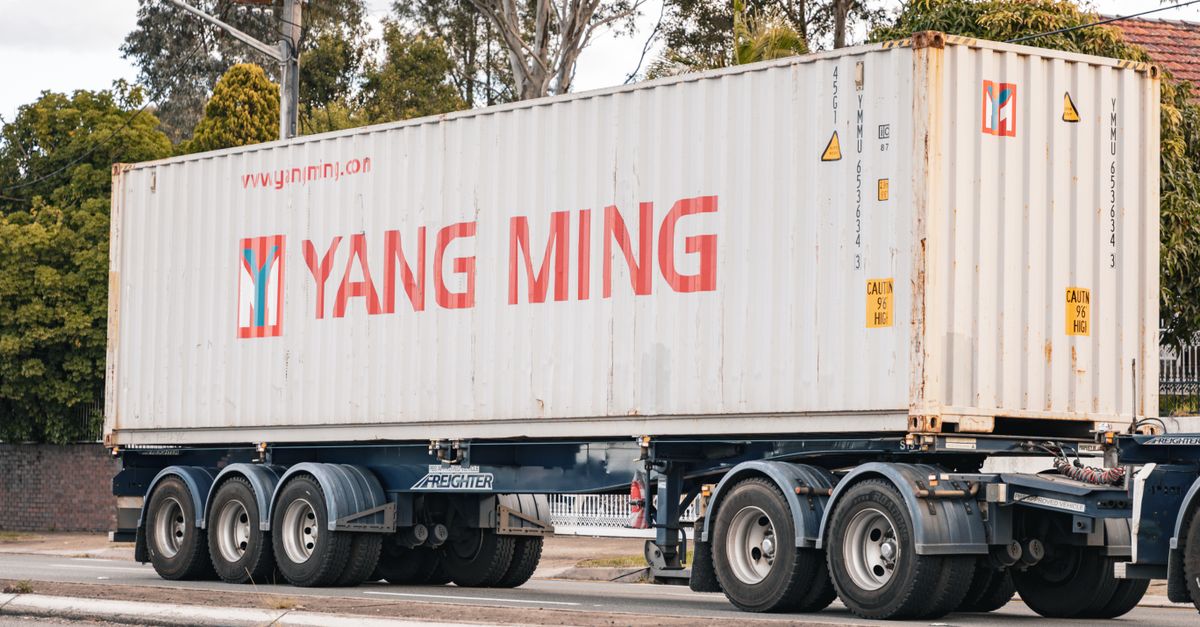 White Yang Ming shipping container on a multi-axle trailer parked on a city street, with trees in the background and rust marks on the container corners.