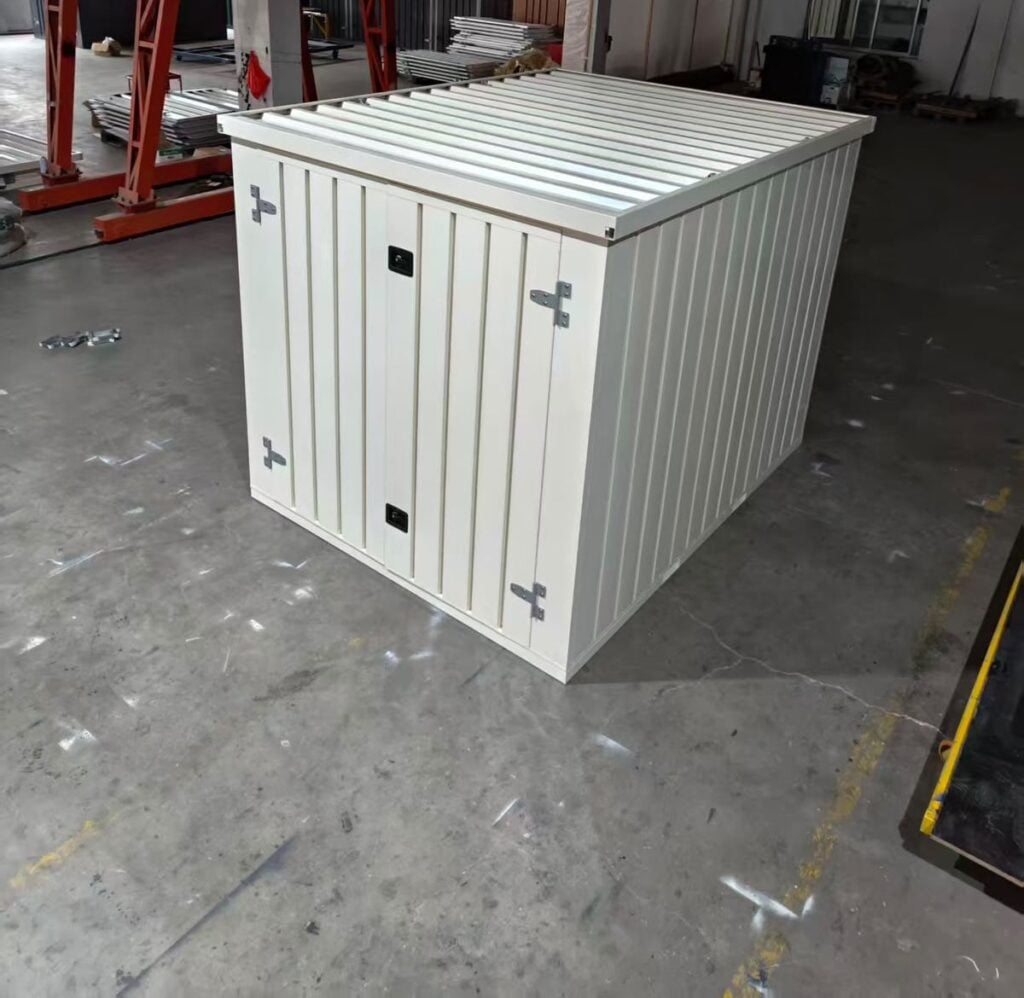 10ft pop-up container seen from above, showing the corrugated steel roof panels