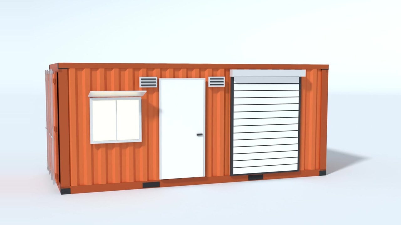 Custom 20 foot shipping container with a window, a door, a roll-up door and vents